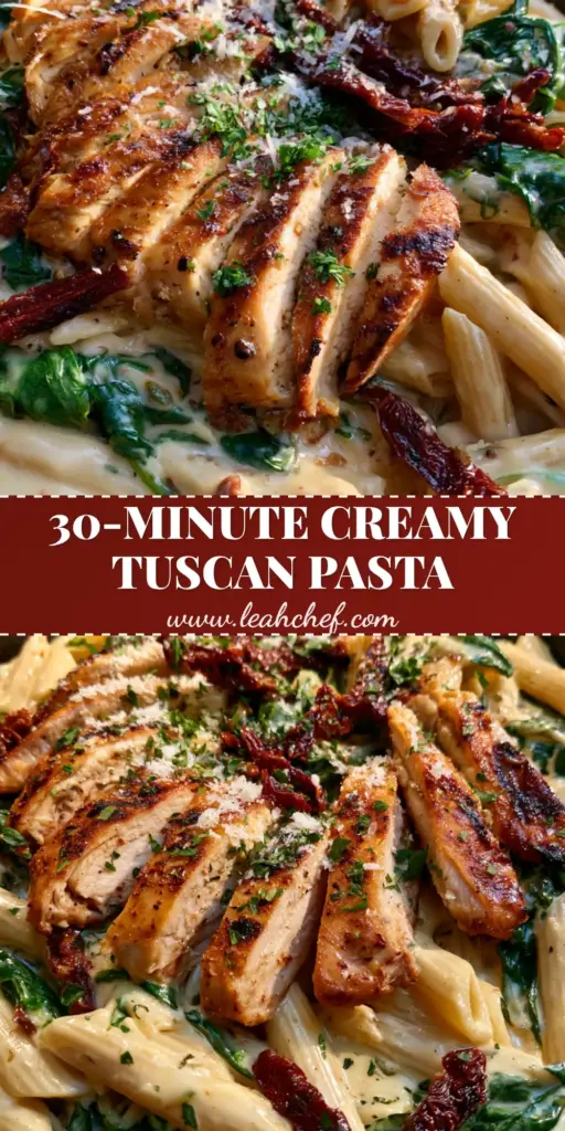A handheld smartphone photo of a black skillet filled with Creamy Tuscan Chicken Pasta featuring seared chicken slices, wilted spinach, and sun-dried tomatoes in a glossy sauce.