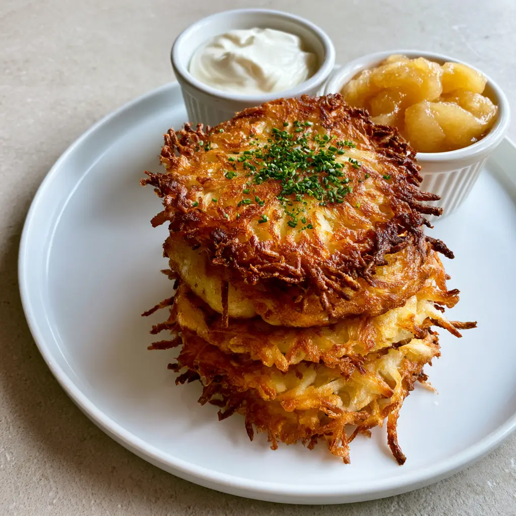Kartoffelpuffer served on a minimalist white ceramic plate with side ramekins of smooth sour cream and chunky yellow applesauce.