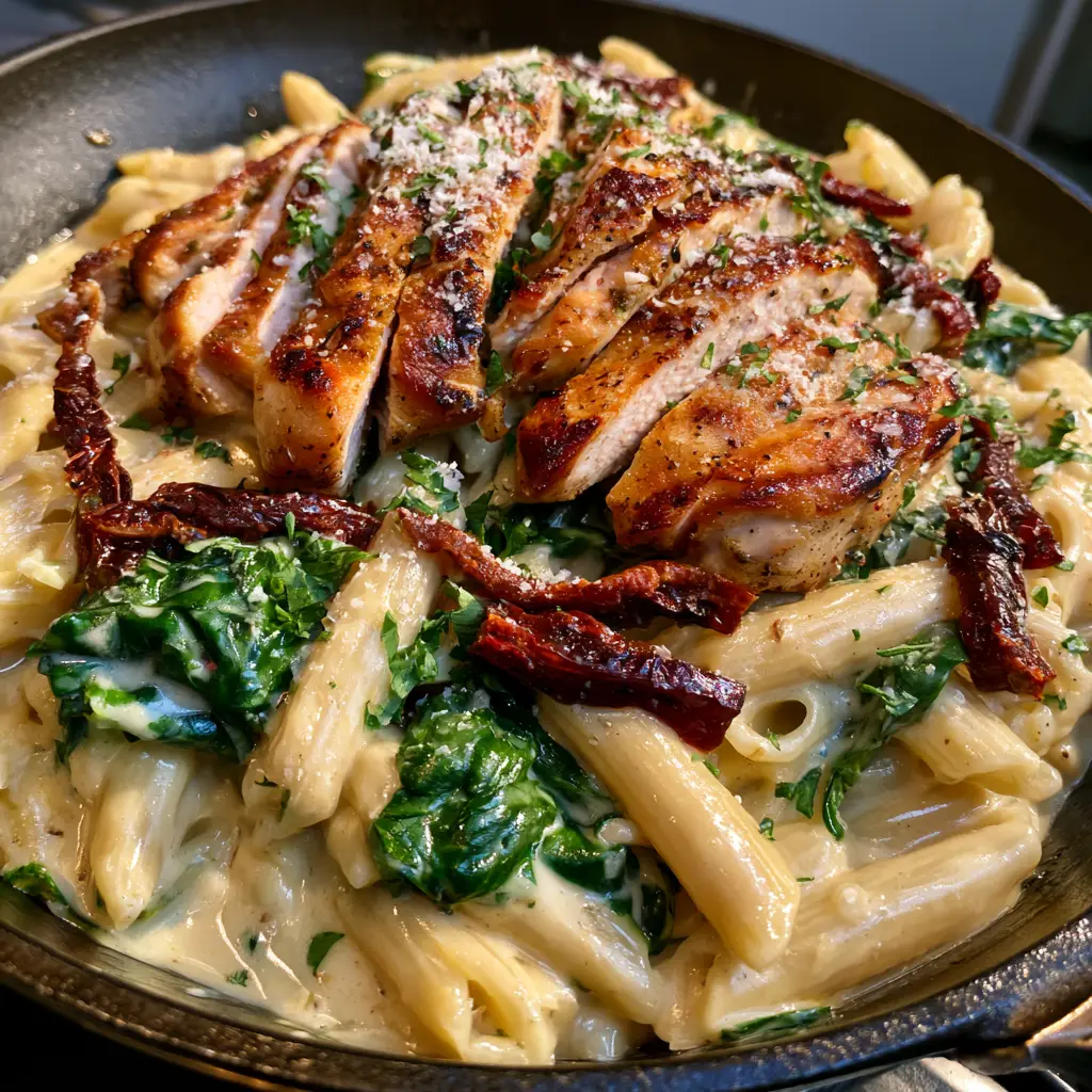 Close-up of julienned sun-dried tomatoes and wilted spinach interspersed through Creamy Tuscan Chicken Pasta.