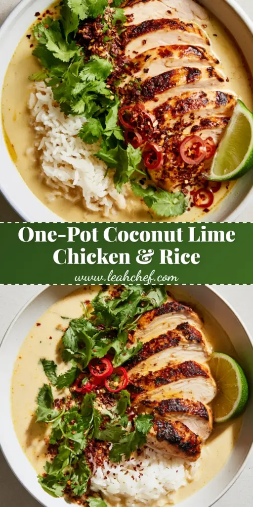 A shallow white bowl featuring sliced pan-seared chicken with char marks over jasmine rice in a creamy yellow coconut lime broth, garnished with cilantro and red chilies. (Coconut Lime Chicken and Rice)