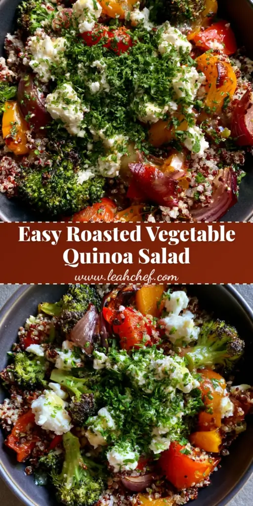 A high-angle photo of Roasted Vegetable Quinoa Salad in a dark ceramic bowl featuring charred broccoli, red and yellow peppers, and feta cheese on a grey stone surface.