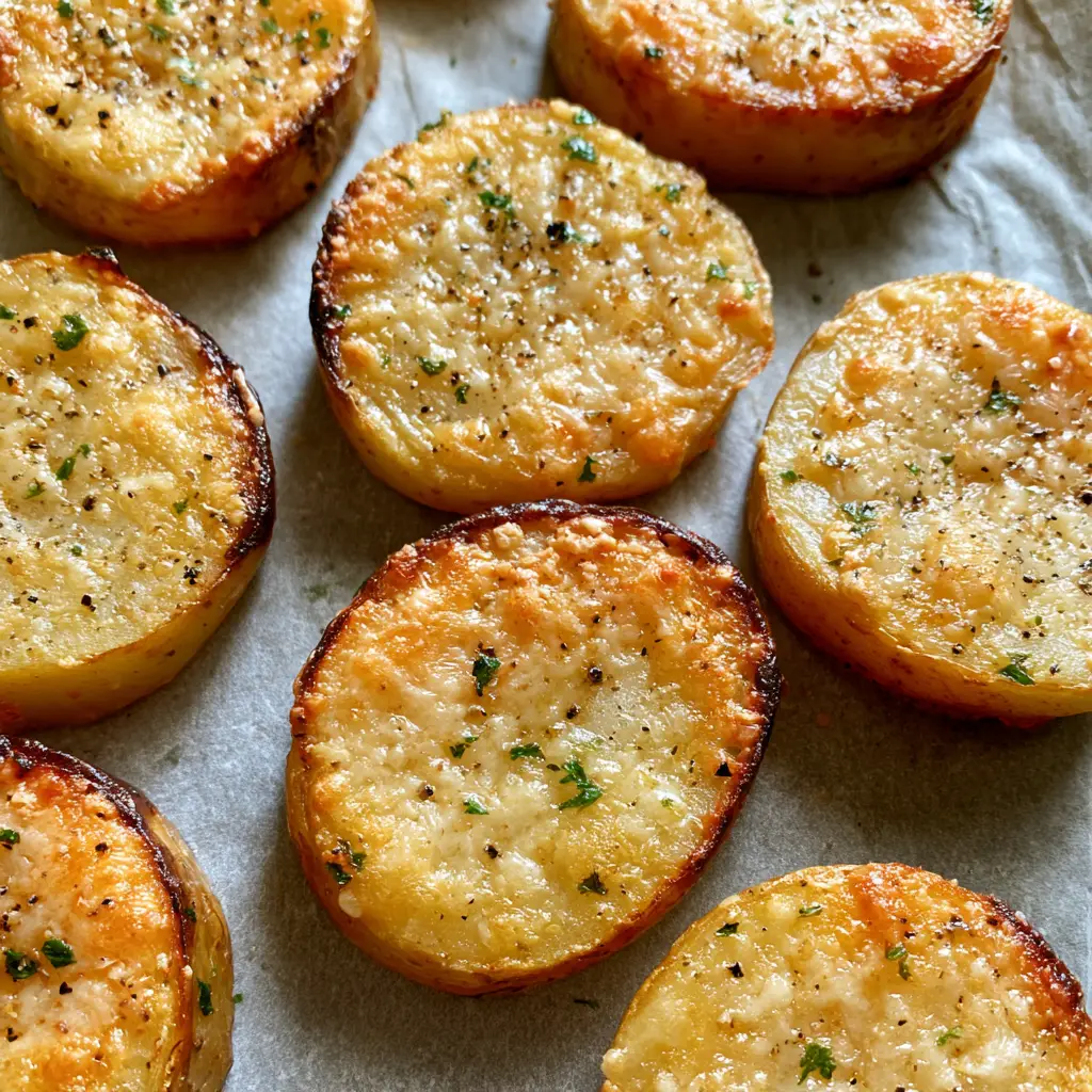 Parmesan Potato Rounds: The Crispiest Golden Parmesan Potato Slices 2 Top-down view of golden-brown potato rounds topped with toasted parmesan cheese and parsley specks. (Parmesan Potato Rounds)