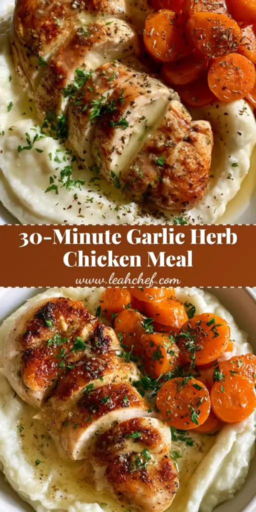 Garlic Herb Chicken and Mashed Potatoes with Honey Glazed Carrots 3 A top-down view of a plate with sliced Garlic Herb Chicken and Mashed Potatoes, honey glazed carrots, and fresh parsley garnish.