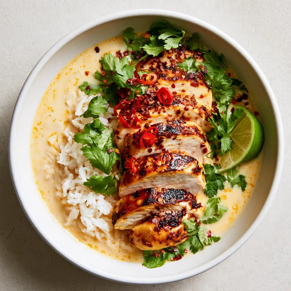 Close up of pan-seared chicken breast slices resting on fluffy white jasmine rice in a coconut lime sauce.