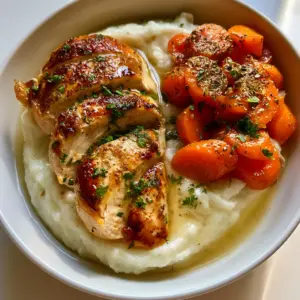 Close-up of crispy chicken skin and translucent garlic herb butter sauce over Garlic Herb Chicken and Mashed Potatoes.
