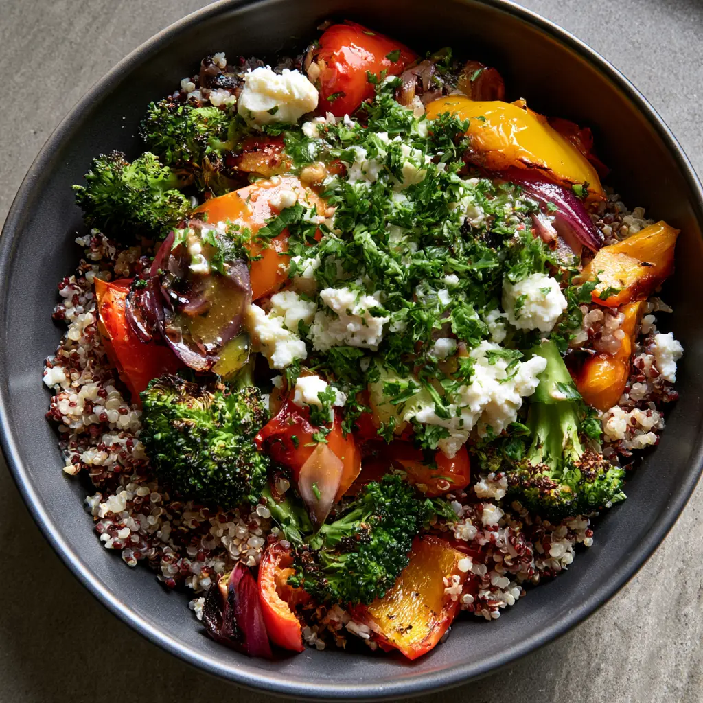 Handheld smartphone style photo of a vibrant Roasted Vegetable Quinoa Salad topped with white feta and fresh parsley.