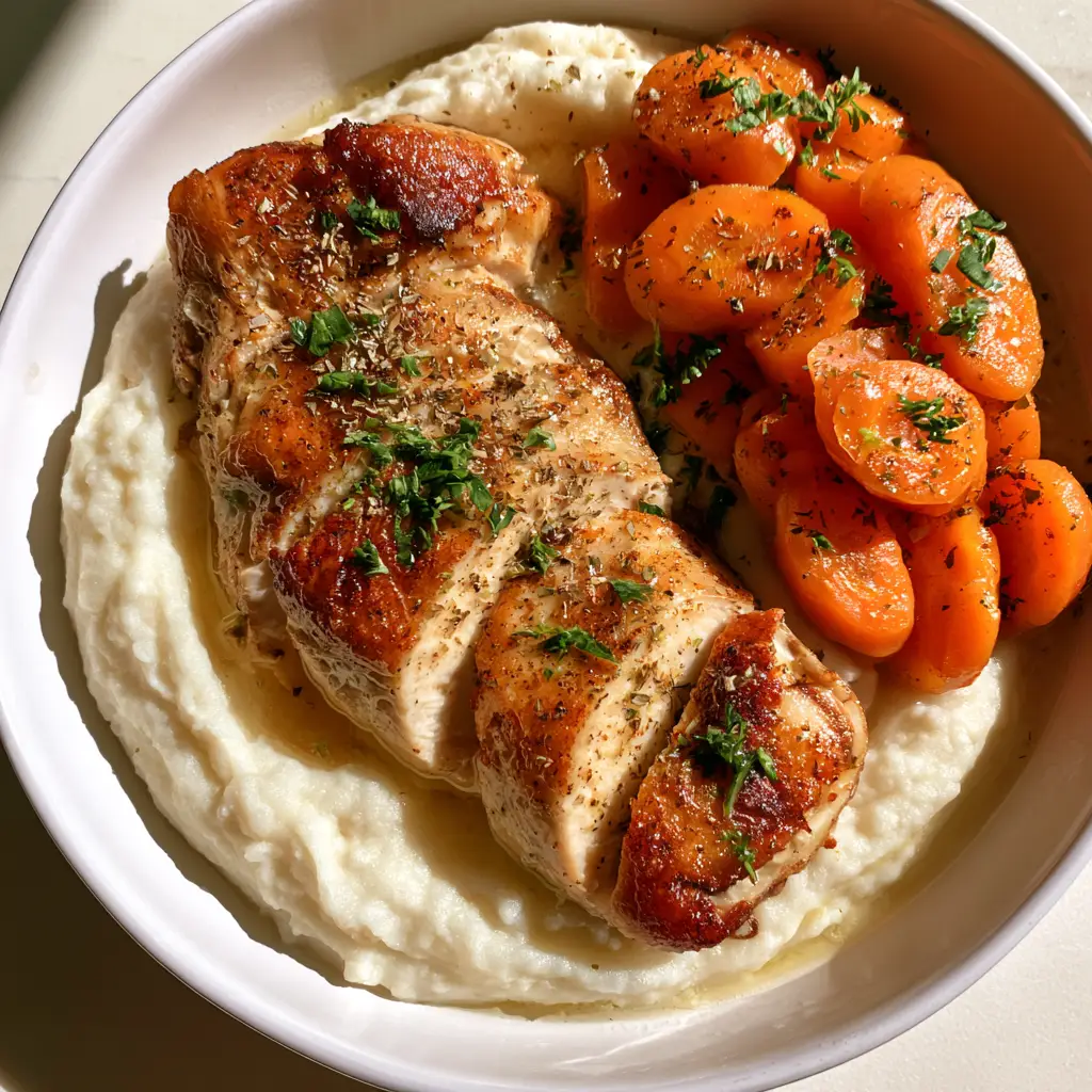 Garlic Herb Chicken and Mashed Potatoes with Honey Glazed Carrots 1 A plate featuring Garlic Herb Chicken and Mashed Potatoes with a side of vibrant honey-glazed carrot rounds.