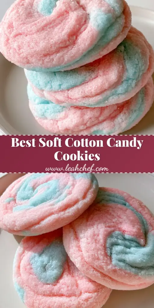 Cotton Candy Cookies: Soft-Baked Pink and Blue Marbled Treats 4 A stack of thick, soft-baked cotton candy cookies with pink and blue marbled swirls and a fine sugar coating on a white plate.