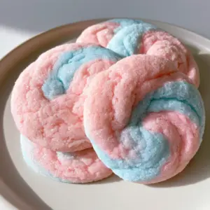 Close-up of three thick cotton candy cookies showing the soft-baked pink and blue dough texture.