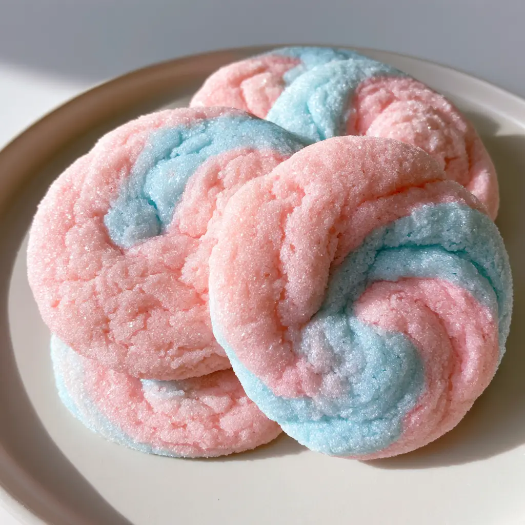 Close-up of three thick cotton candy cookies showing the soft-baked pink and blue dough texture.