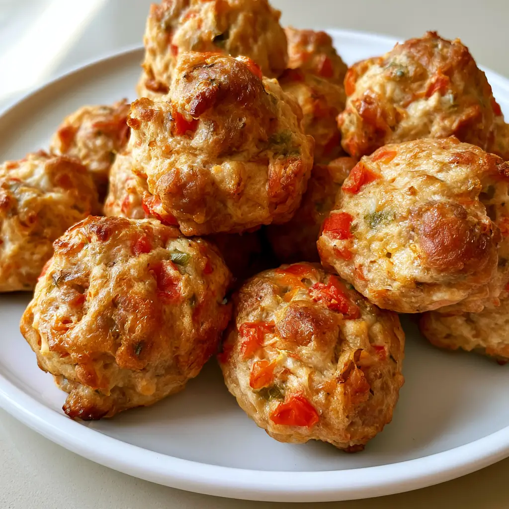 Close up of Rotel Cream Cheese Sausage Balls showing the matte, uneven texture and embedded green chilies.