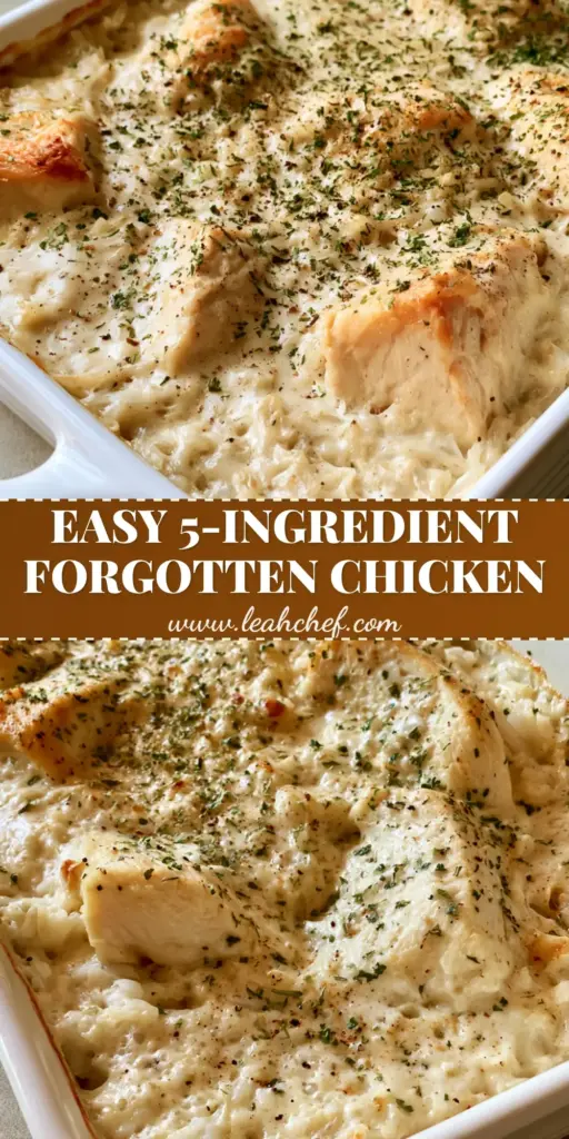 A close-up vertical shot of Forgotten Chicken Casserole in a ceramic dish, featuring fluffy rice, creamy sauce, and golden chicken chunks garnished with parsley.