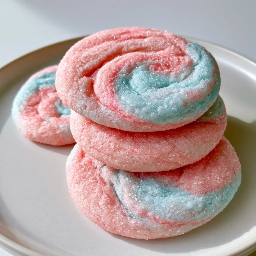 Cotton Candy Cookies: Soft-Baked Pink and Blue Marbled Treats 1 A smartphone photo of cotton candy cookies stacked on a white ceramic plate in natural daylight.