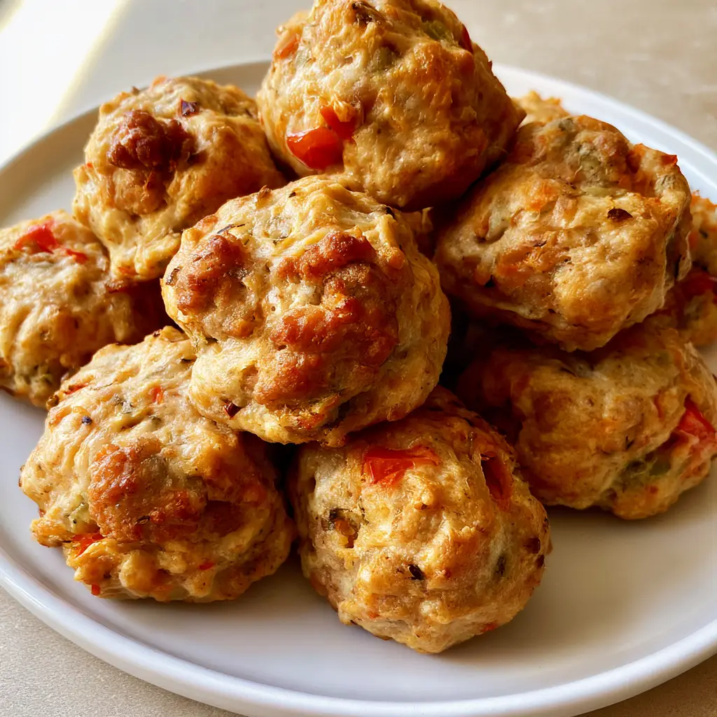 A stack of freshly baked Rotel Cream Cheese Sausage Balls on a neutral kitchen counter.