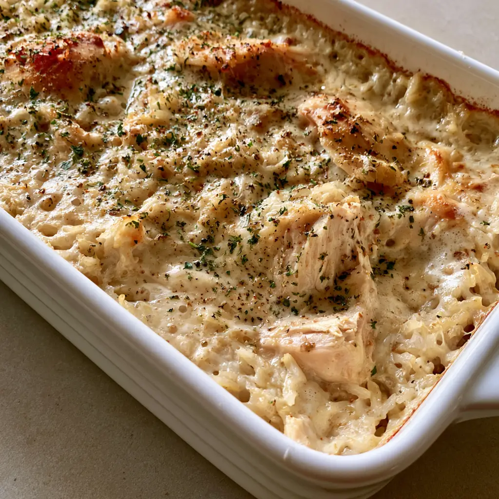 A smartphone-style photo of Forgotten Chicken Casserole with a light dusting of parsley and cracked black pepper.