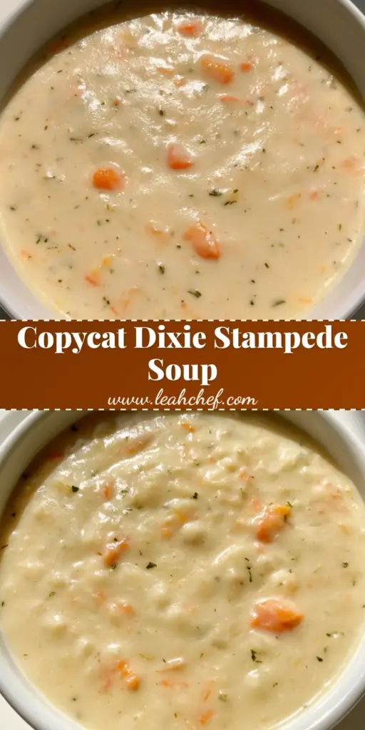 A top-down view of a white bowl filled with Dixie Stampede Creamy Vegetable Soup, showing the ivory base and green herbs.