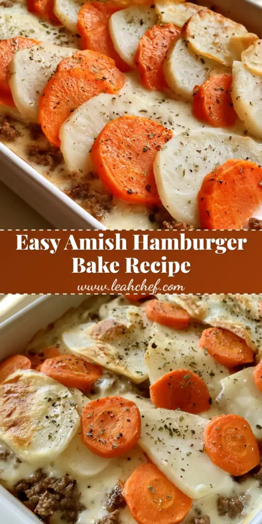 Amish Hamburger Bake: The Ultimate Layered Comfort Casserole 4 A close-up shot of an Amish Hamburger Bake showing layers of browned beef, thin potatoes with golden edges, and sliced carrots in a white ceramic dish.