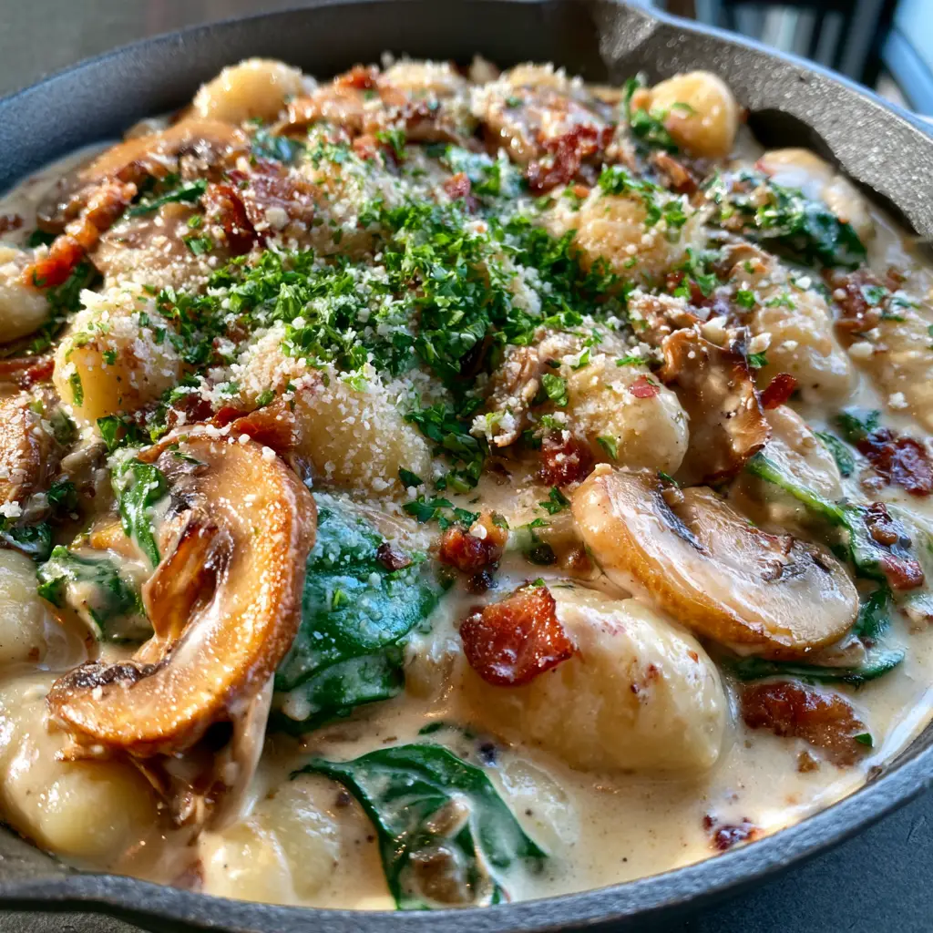 Millionaire Gnocchi with Crispy Pancetta and Creamy Mushroom Sauce 2 Close up of soft potato gnocchi coated in glossy pale golden cream sauce with seared cremini mushrooms and spinach. (Millionaire Gnocchi)