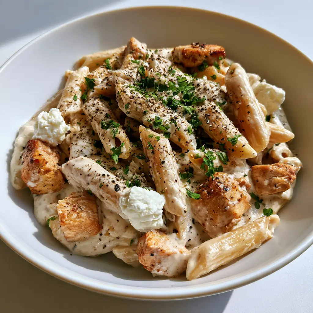 Creamy Ricotta Chicken Pasta with Seared Chicken 1 Close up of penne pasta coated in ricotta sauce with cracked black pepper and fresh parsley garnish.