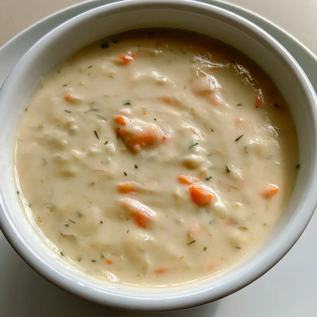 Close up of the thick ivory cream soup base with dried green herbs scattered throughout. (Dixie Stampede Creamy Vegetable Soup)