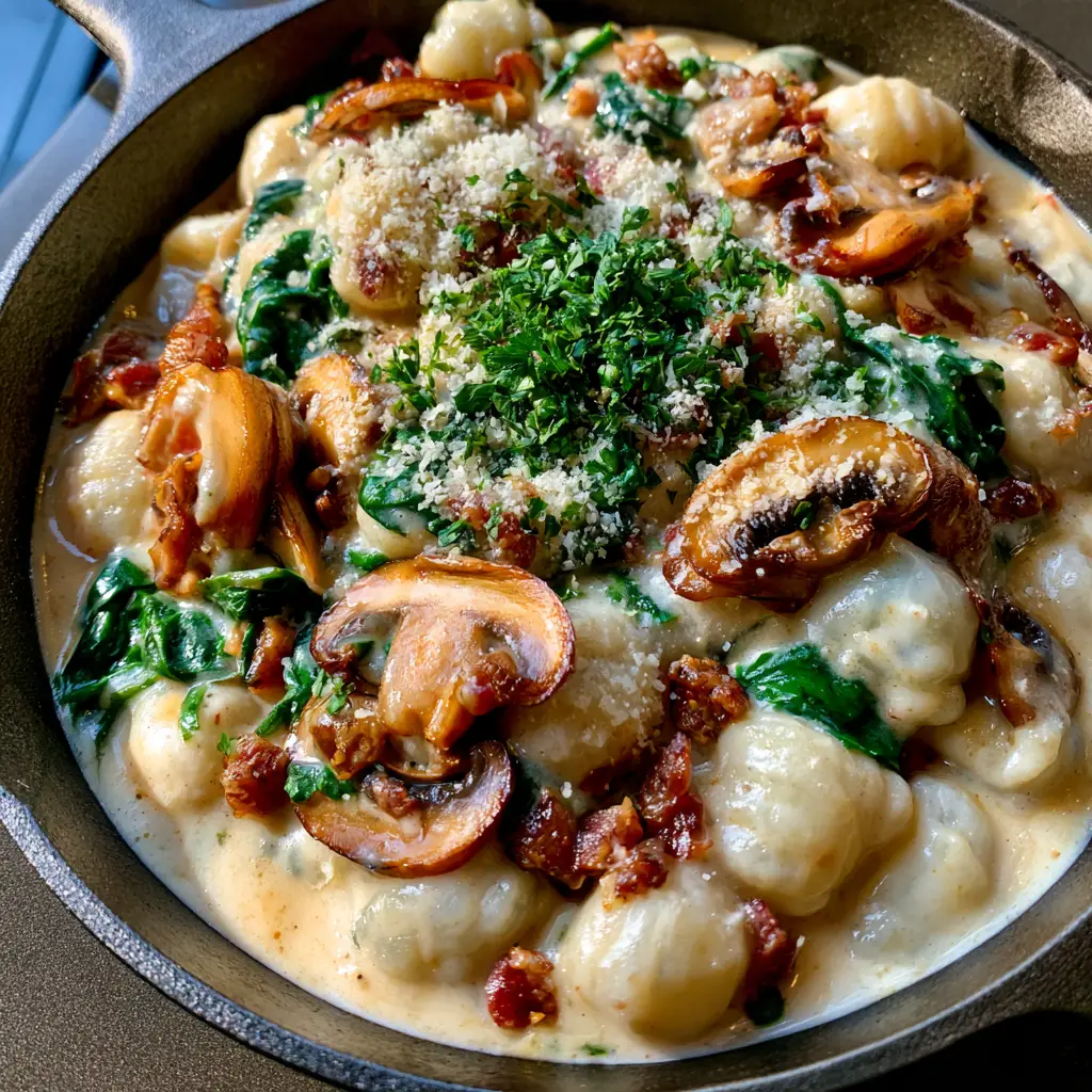 Millionaire Gnocchi with Crispy Pancetta and Creamy Mushroom Sauce 1 Millionaire Gnocchi topped with finely grated parmesan cheese, crispy reddish-brown pancetta, and fresh emerald green parsley.