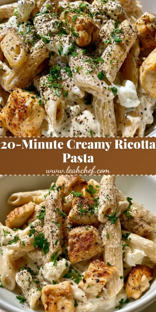Creamy Ricotta Chicken Pasta with Seared Chicken 3 A shallow white ceramic bowl of Creamy Ricotta Chicken Pasta with penne, golden seared chicken chunks, parsley, and ricotta dollops.