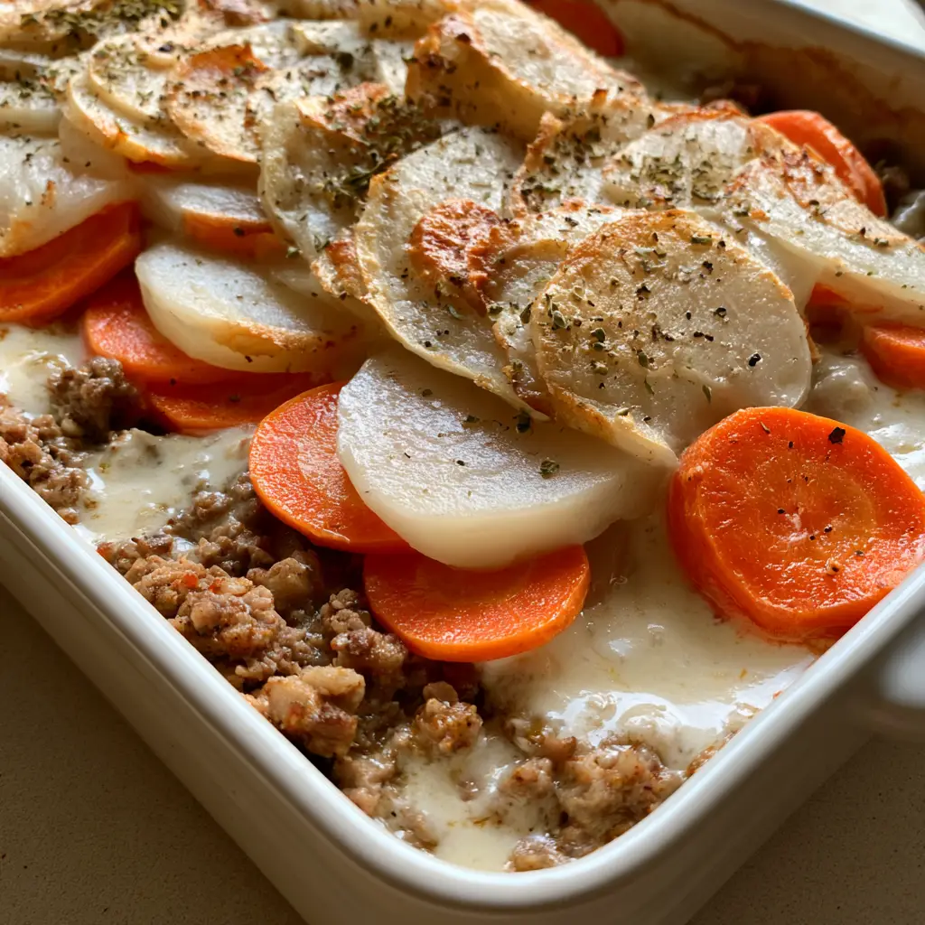 Amish Hamburger Bake: The Ultimate Layered Comfort Casserole 2 High-angle photo of Amish Hamburger Bake featuring browned beef crumbles and thin-sliced potato rounds.