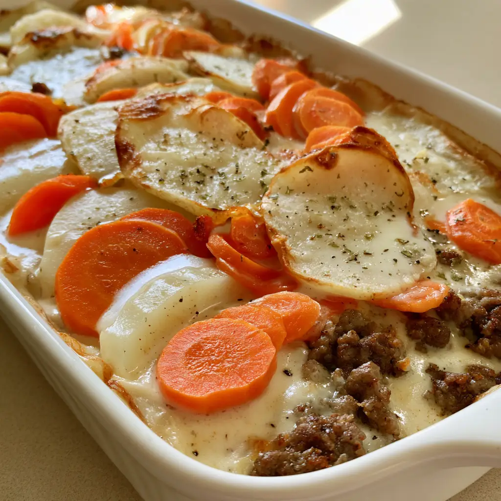 Amish Hamburger Bake: The Ultimate Layered Comfort Casserole 1 Close up of Amish Hamburger Bake showing creamy sauce and golden-brown potato edges speckled with black pepper.