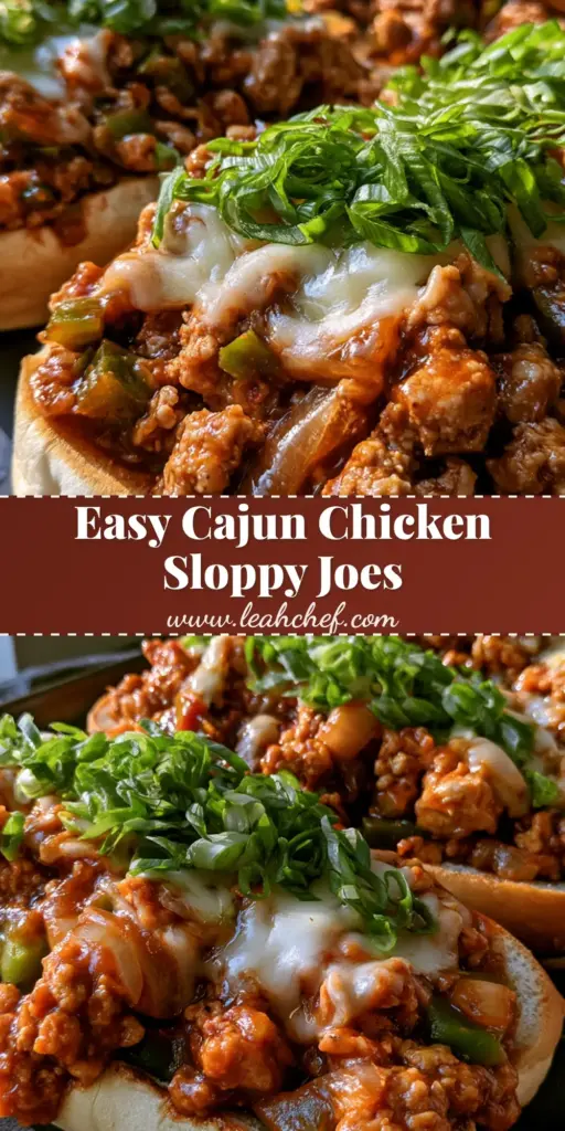 Cajun Chicken Sloppy Joes with Melted Mozzarella 3 Three Cajun Chicken Sloppy Joes in toasted sub rolls with glossy sauce and melted mozzarella on a dark plate.