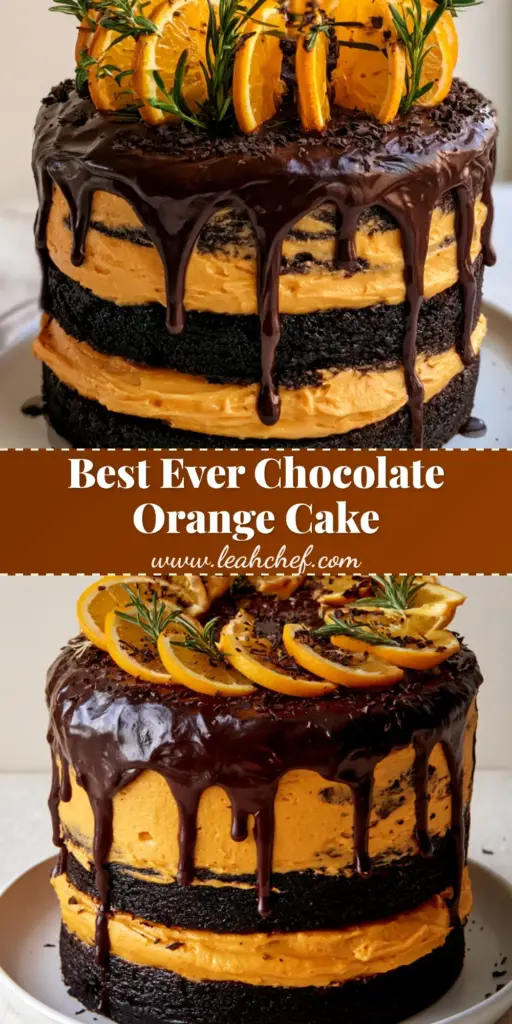 Chocolate Orange Layer Cake With Vibrant Orange Buttercream 3 A tall three-layer Chocolate Orange Layer Cake with dark chocolate sponge, vibrant orange buttercream, and a glossy chocolate ganache drip, decorated with orange slices and rosemary.