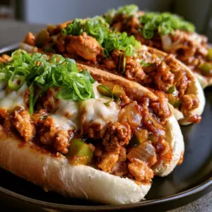 Close up of Cajun Chicken Sloppy Joes showing the glossy reddish-brown sauce and diced green peppers.