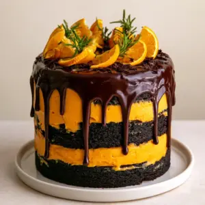 Close-up of a semi-naked Chocolate Orange Layer Cake showing the vibrant orange buttercream and moist dark chocolate sponge layers.