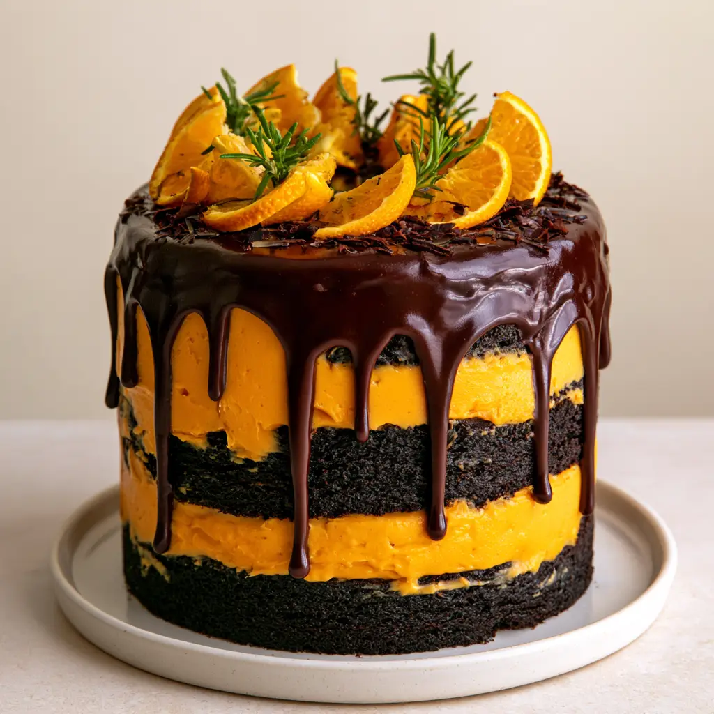Close-up of a semi-naked Chocolate Orange Layer Cake showing the vibrant orange buttercream and moist dark chocolate sponge layers.