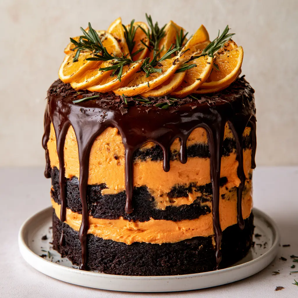 Chocolate Orange Layer Cake With Vibrant Orange Buttercream 1 Side view of the Chocolate Orange Layer Cake featuring heavy ganache drips and fresh orange half-slice garnishes.