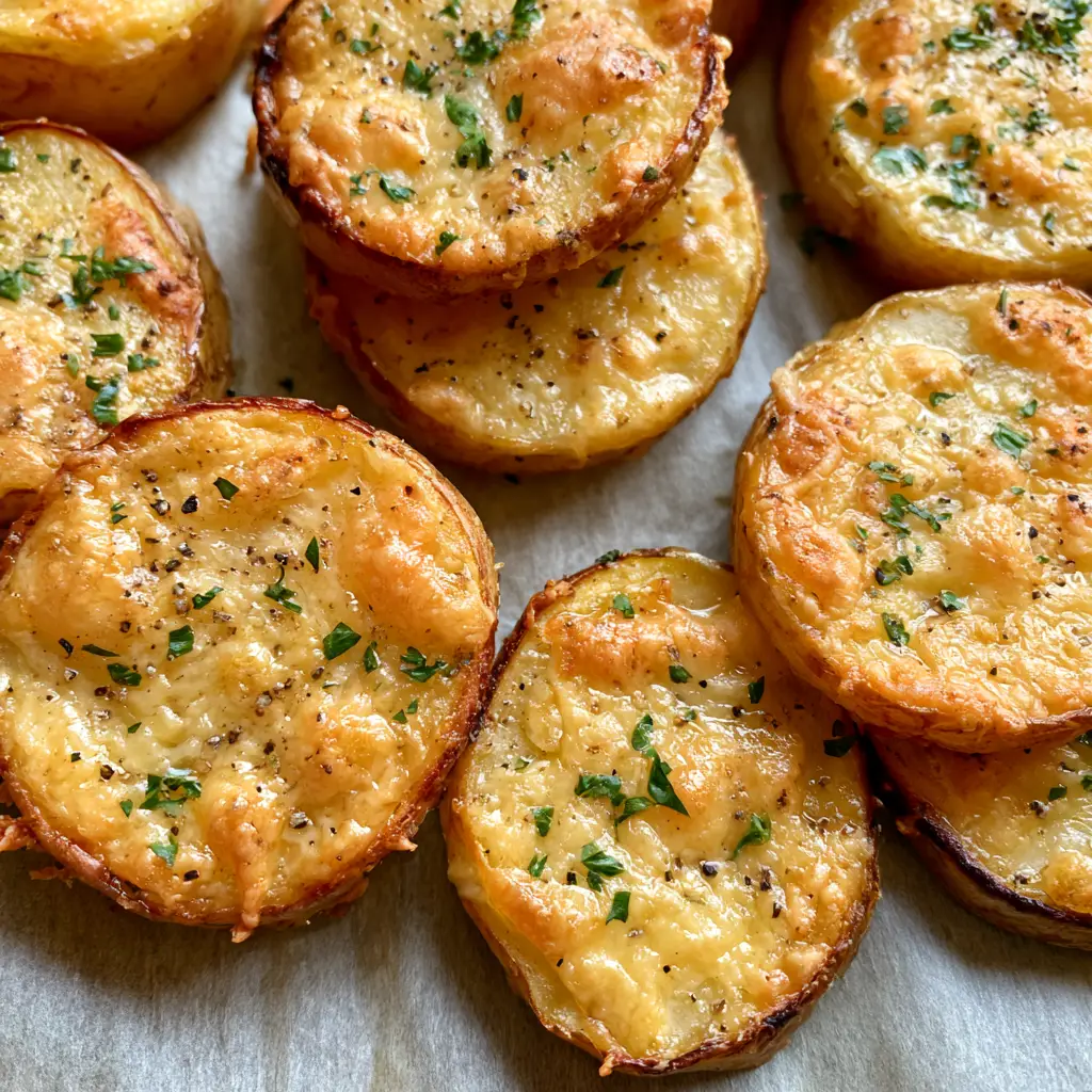 Parmesan Potato Rounds: The Crispiest Golden Parmesan Potato Slices 1 Close-up of crispy potato edges and melted cheese crust on a gray parchment background.