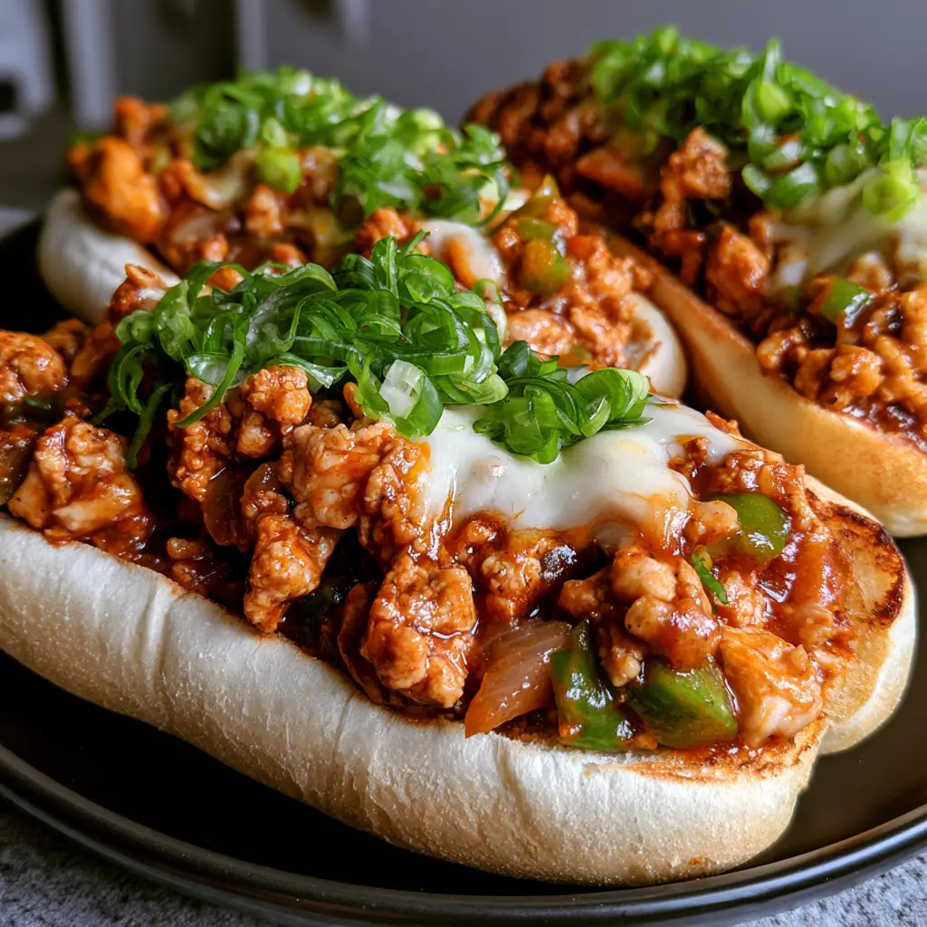 Cajun Chicken Sloppy Joes with Melted Mozzarella 1 Handheld photo of three Cajun Chicken Sloppy Joes topped with melted white mozzarella and green scallions.