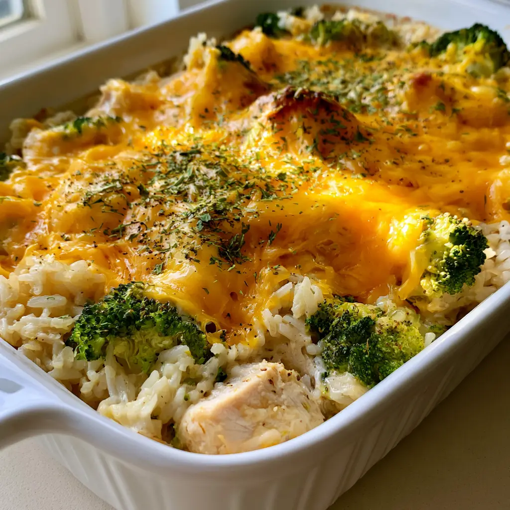 Cheesy Broccoli Chicken and Rice Casserole: The Ultimate Comfort Food 2 Close-up of bubbling melted sharp cheddar cheese on a Cheesy Broccoli Chicken and Rice Casserole.