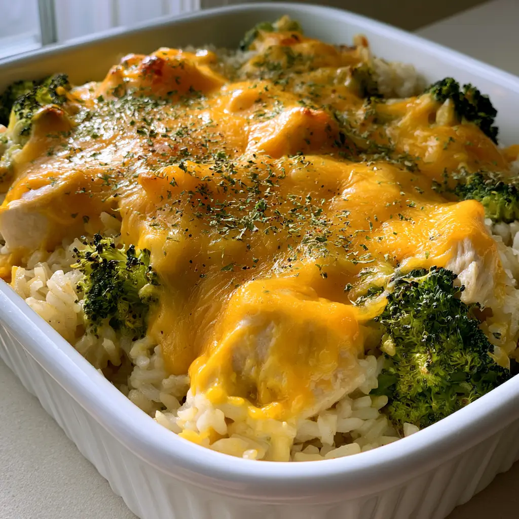 Cheesy Broccoli Chicken and Rice Casserole: The Ultimate Comfort Food 1 Overhead view showing fluffy white rice and vibrant green broccoli in a Cheesy Broccoli Chicken and Rice Casserole.
