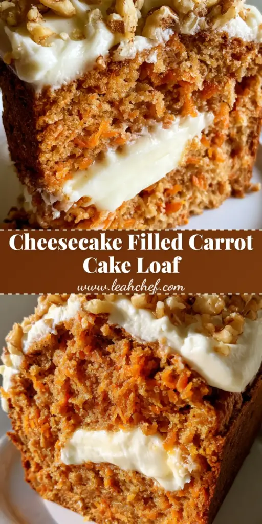 Carrot Cake Loaf with a Decadent Baked Cream Cheese Center 4 A thick slice of Carrot Cake Loaf standing upright, showing the moist orange crumb, a thick baked cream cheese center, and white frosting topped with toasted walnuts.