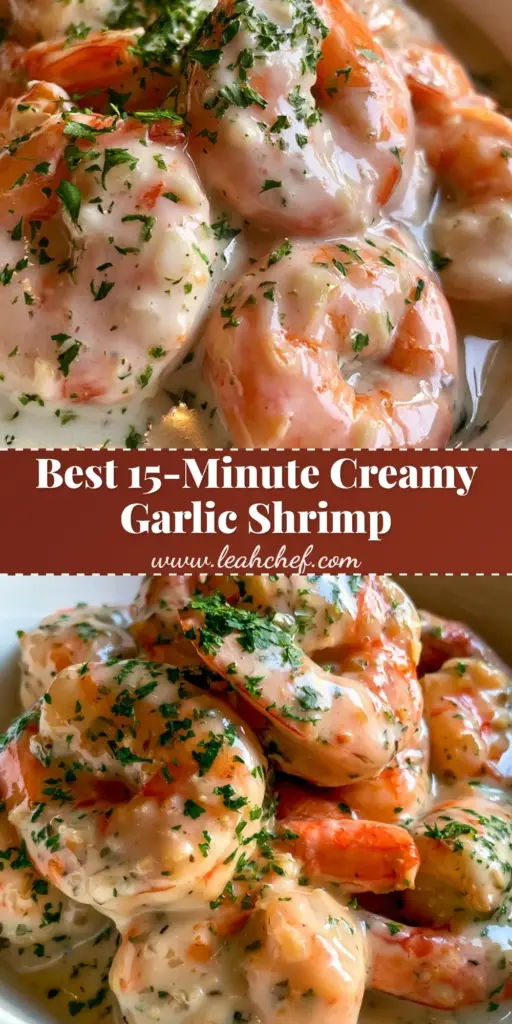 Large tail-on shrimp curled in a thick white garlic cream sauce with parsley and black pepper in a white bowl. (Creamy Garlic Shrimp)