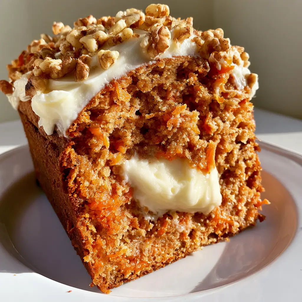 Close up photo of Carrot Cake Loaf crumb filled with shredded carrots and a solid white cream cheese core.