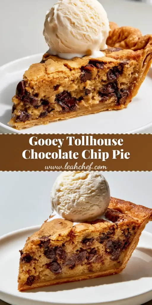 A close-up shot of a Tollhouse Chocolate Chip Pie slice with a flaky golden crust, gooey center, and melting vanilla bean ice cream.