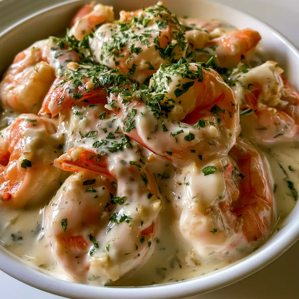 A shallow ceramic bowl of shrimp coated in opaque white sauce with heavy parsley dusting. (Creamy Garlic Shrimp)