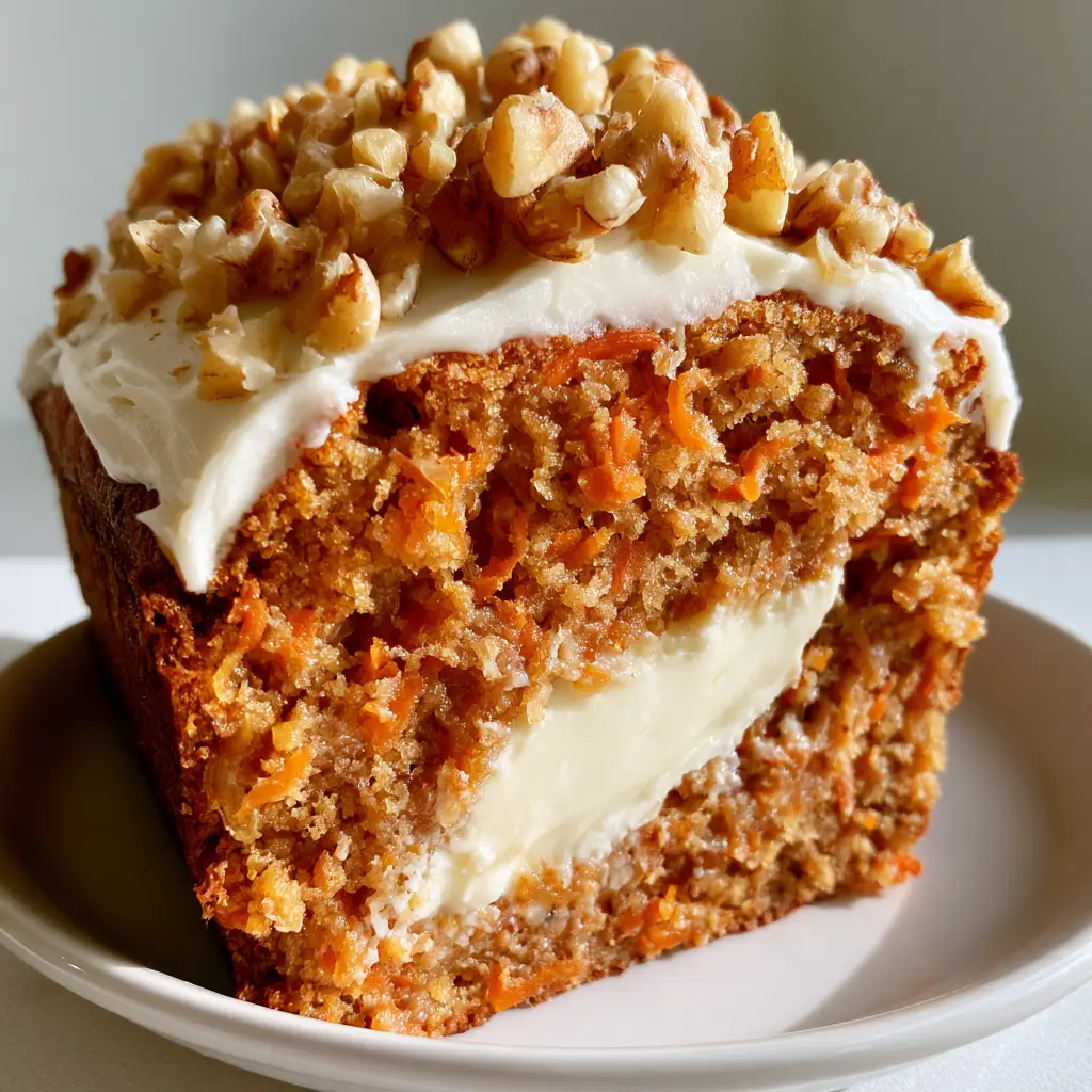 Carrot Cake Loaf with a Decadent Baked Cream Cheese Center 1 A slice of carrot cake loaf featuring smooth white cream cheese frosting and a heavy garnish of chopped toasted walnuts.