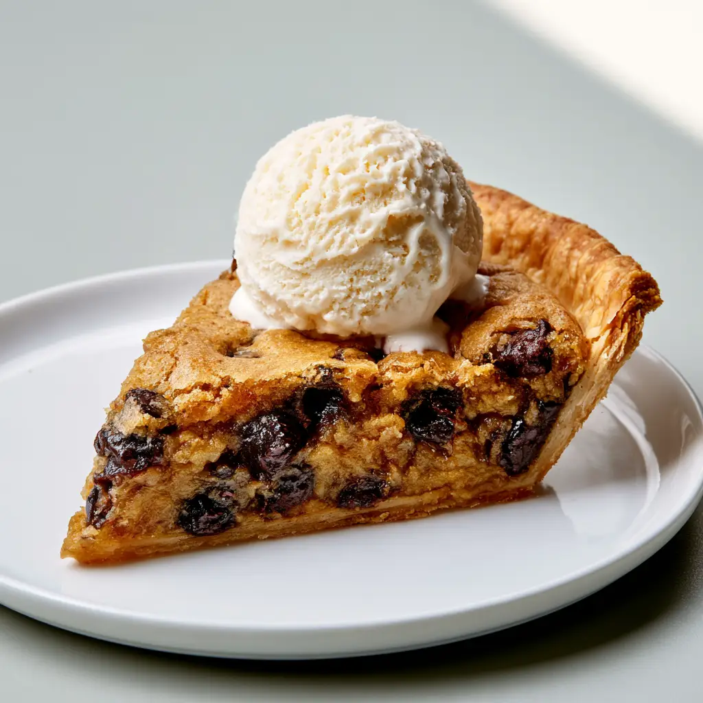 A single triangular slice of Tollhouse Chocolate Chip Pie on a white plate with melting ice cream. (Tollhouse Chocolate Chip Pie)