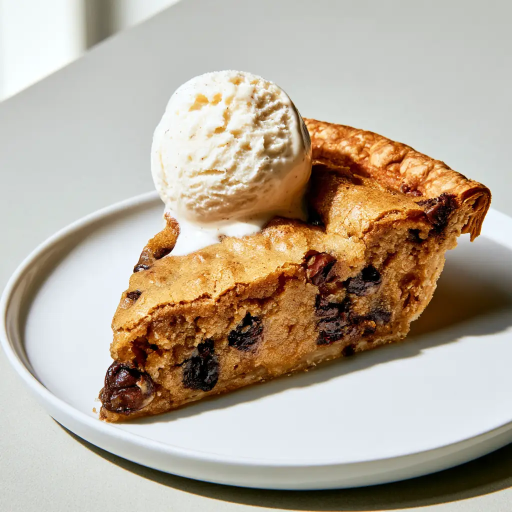 A side view of the Tollhouse Chocolate Chip Pie showing the dense, moist cookie-like batter and melted chocolate chips.