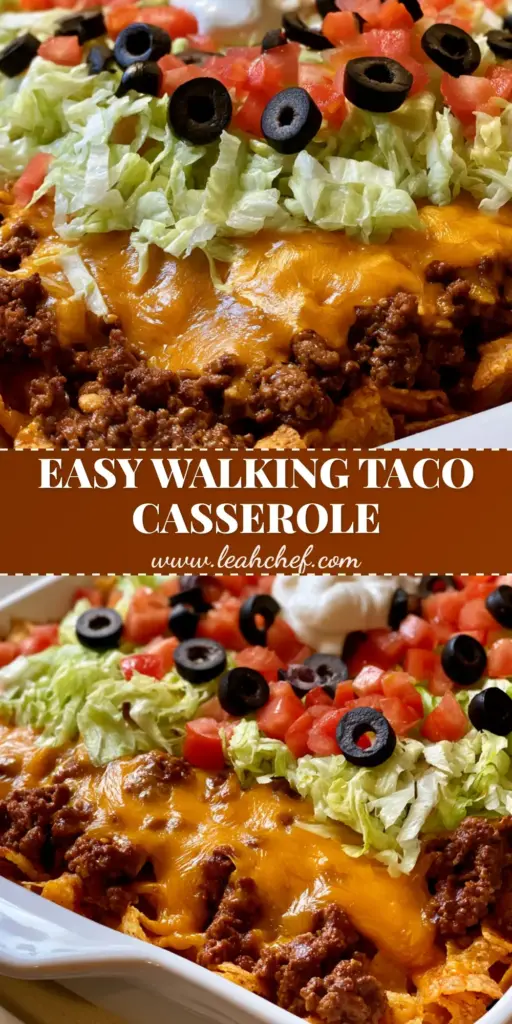 A tall Pinterest pin image showing a Walking Taco Casserole in a white dish with Fritos, melted cheese, shredded lettuce, and black olives.