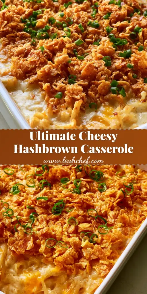 Hashbrown Casserole with Crispy Cornflake Topping 3 A bubbling white ceramic dish of Hashbrown Casserole featuring shredded potatoes, melted cheddar cheese, and a crispy golden cornflake topping garnished with chives.