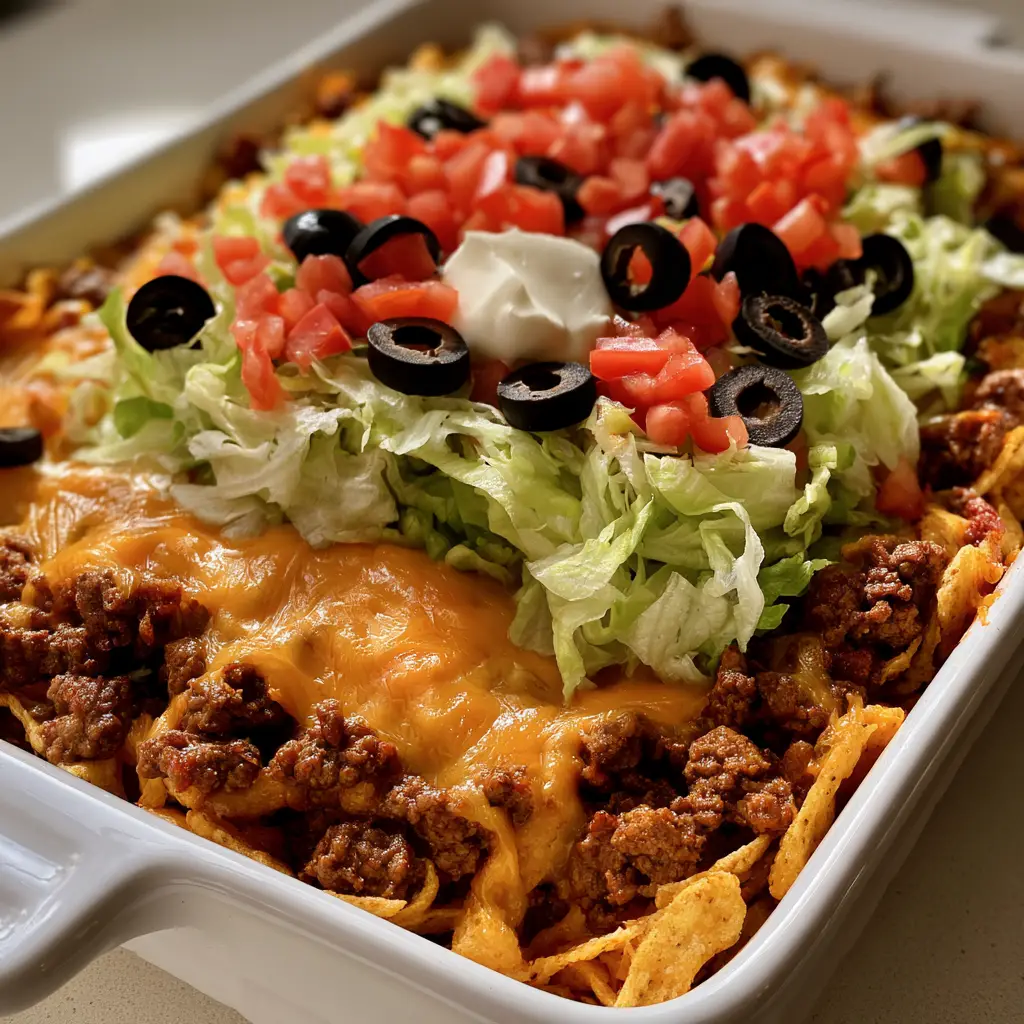 Aerial view of a Walking Taco Casserole topped with shredded lettuce, diced tomatoes, and a central dollop of sour cream.