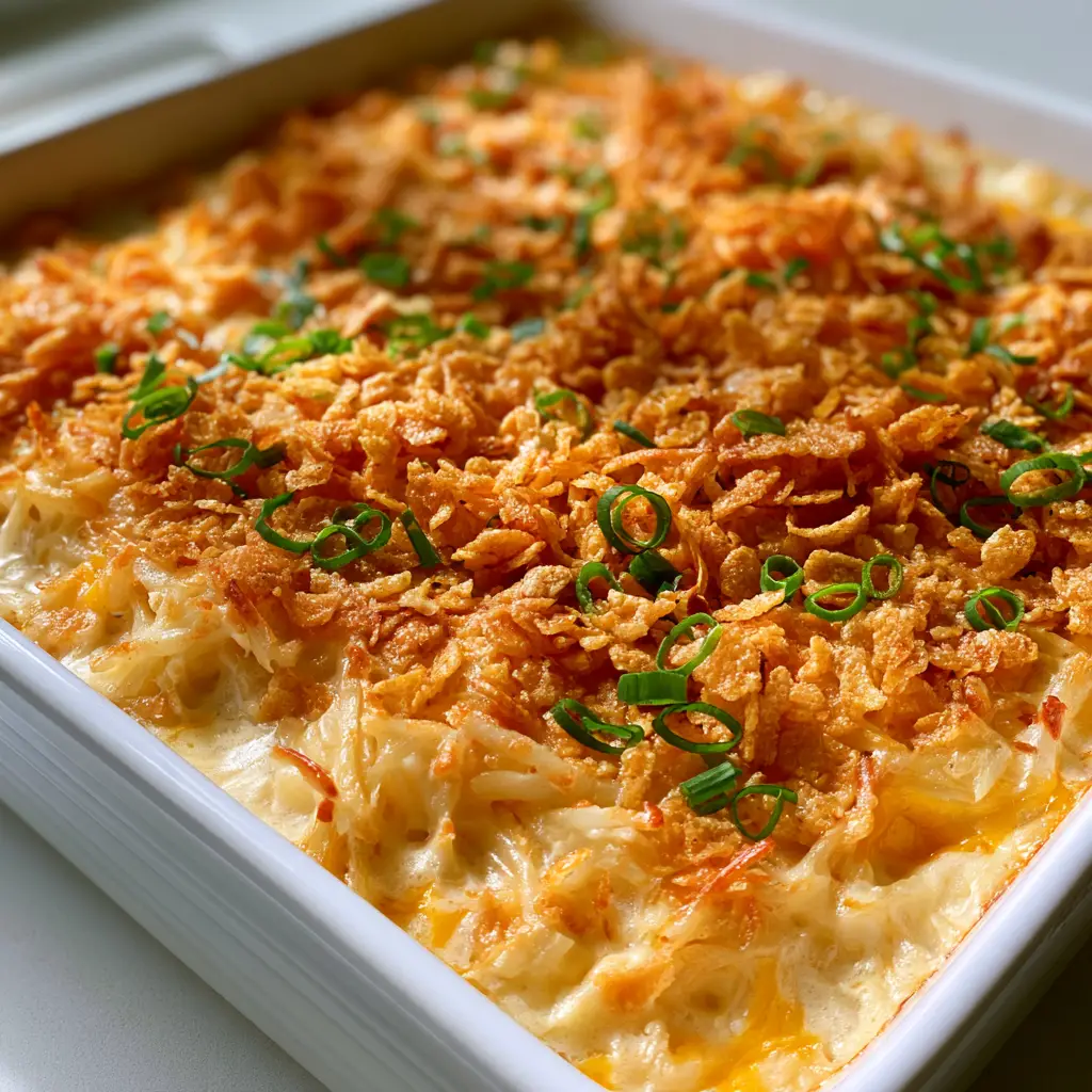 Hashbrown Casserole with Crispy Cornflake Topping 1 Overhead view of a rectangular white baking dish filled with cheesy hashbrown casserole topped with crushed cornflakes and chives.